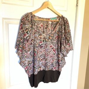 Pleione Multicolor Abstract Blouse Brown Hem Women’s XL Flowy Boho Top